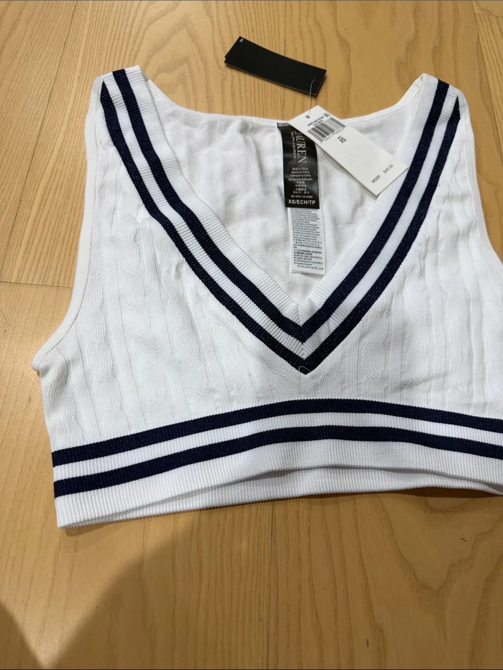 Lauren Ralph Lauren White Cable-Knit Crop Tank with Navy Stripes